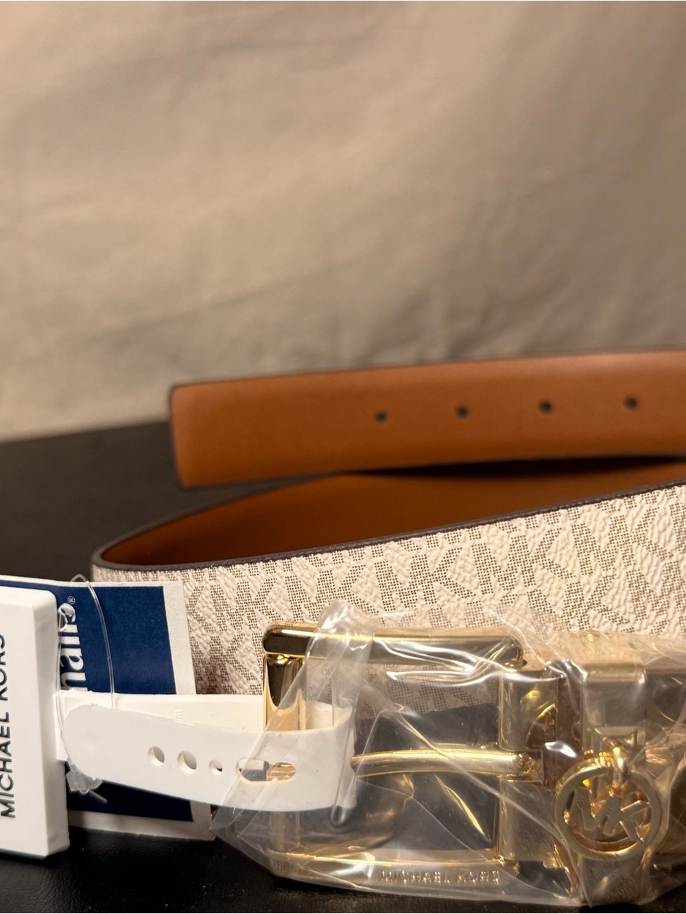 Michael Kors White Logo Canvas Belt with Tan Leather & Gold Buckle
